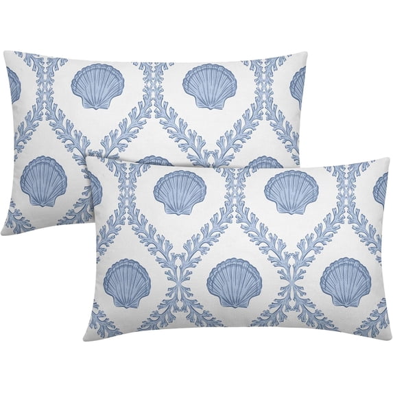 Light Blue Coastal Lumbar Pillow Covers 12x20 Set of 2 Ocean Coral Shell Outdoor Decorative Linen Summer Throw Pillows Cases with Zipper Cushion Cover Rustic Decoration Farmhouse Sofa Couch Bed Decor