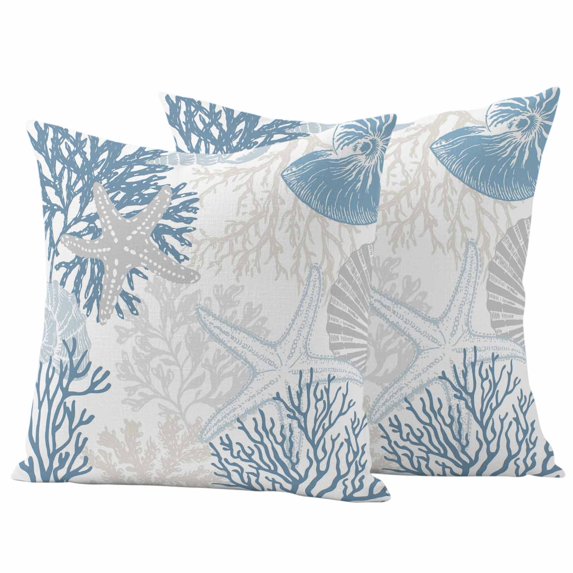 Light Blue Coastal Outdoor Waterproof Pillow Covers, Grey Beige Coral Starfish Nautical Decorative Square Throw Pillowcase Sofa Cushion Sham for Patio/Couch/Chair, 20"x20" 2 Pack