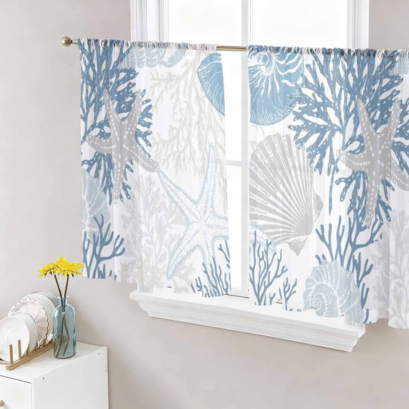 Light Blue Coastal Sheer Curtains 45 Inch Length 2 Panels Set, Grey Beige Coral Starfish Nautical Voile Window Treatment Rod Pocket Small Kitchen Curtains Drapes for Bedroom 52"x45"x2