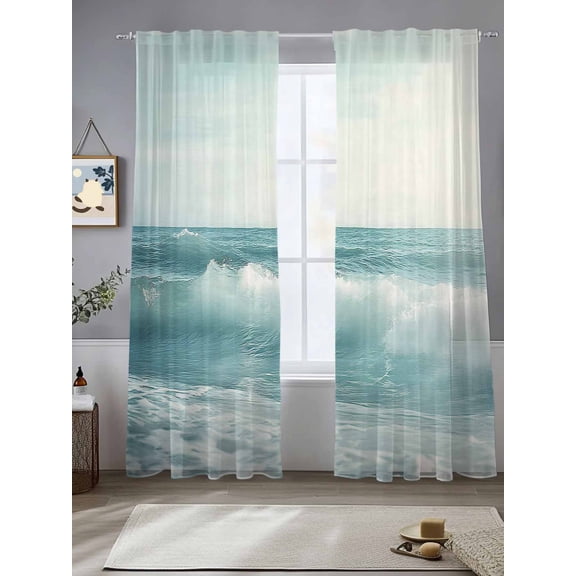 Light Blue Coastal Sheer Curtains for Living Room Bedroom Summer Beach Seaside Ocean Sheer Curtains 96 Inch Long 2 Panels Set Light Filtering Curtain Window Treatments Drapes for Dining Room