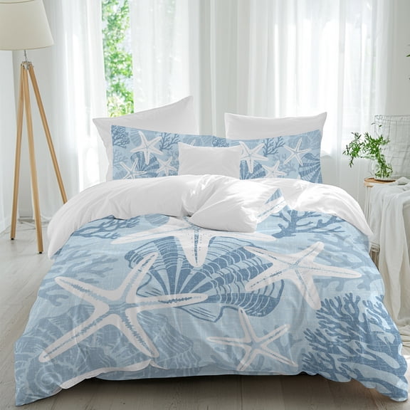 Light Blue Coastal Starfish King Duvet Cover Set, Sea Shell Coral Summer Beach 4 Piece Microfiber Bedding Set with Zipper Closure, Bed Sheet and 2 Pillow Shams, Soft Bedding Cover