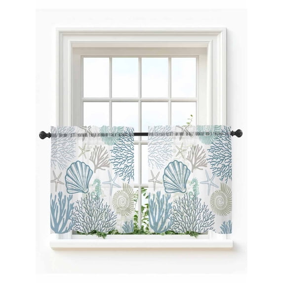 Light Blue Coastal Tier Curtains 36 Inch Length,Sheer Curtains for Bedroom Living Room Window Summer Beach Coral Shell Starfish Rod Pocket Drapes Kitchen Curtains Small Half Window 27.5"x36" 2 Panels