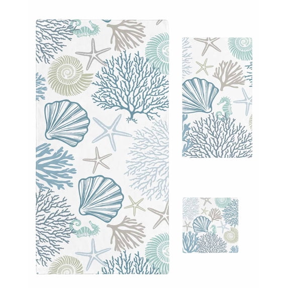 Light Blue Coastal Towel Set of 3, Soft Microfiber Bath Towels, Hand Towel, Washcloths, Summer Beach Coral Shell Starfish Quick-Dry Absorbent Towels for Bathroom Kitchen Hotel Beach Gym Spa