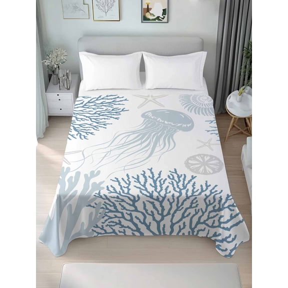 Light Blue Coastal Twim Size Flat Sheet, Wrinkleproof & Fadeproof Cooling Flat Bed Sheet Only, Coral Jellyfish Starfish Ocean Nautical Breathable Soft Bedding Top Sheets 66 x 96 Inches