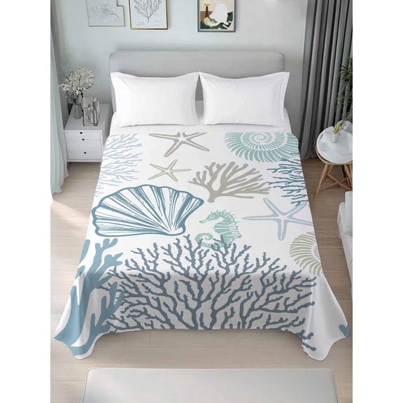 Light Blue Coastal Twim Size Flat Sheet, Wrinkleproof & Fadeproof Cooling Flat Bed Sheet Only, Summer Beach Coral Shell Starfish Breathable Soft Bedding Top Sheets 66 x 96 Inches