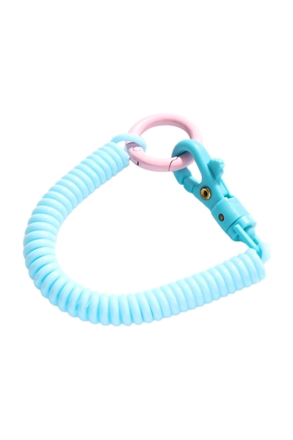 Light Blue Coiled Keychain - Flexible Spring Coil Lanyard with Pink Ring & Trigger Clip, Compact Size, Anti-Lost Design for Keys, Bag Accessory & Outdoor Use