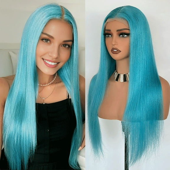 Light Blue Colored 13x4 Lace Front Wig Straight Brazilian Remy Human Hair Wigs Preplucked Natural Hairline High Density Elegant Hairstyle For Women Daily&Birthday&Wedding Use Wig 180 Density 22 Inch
