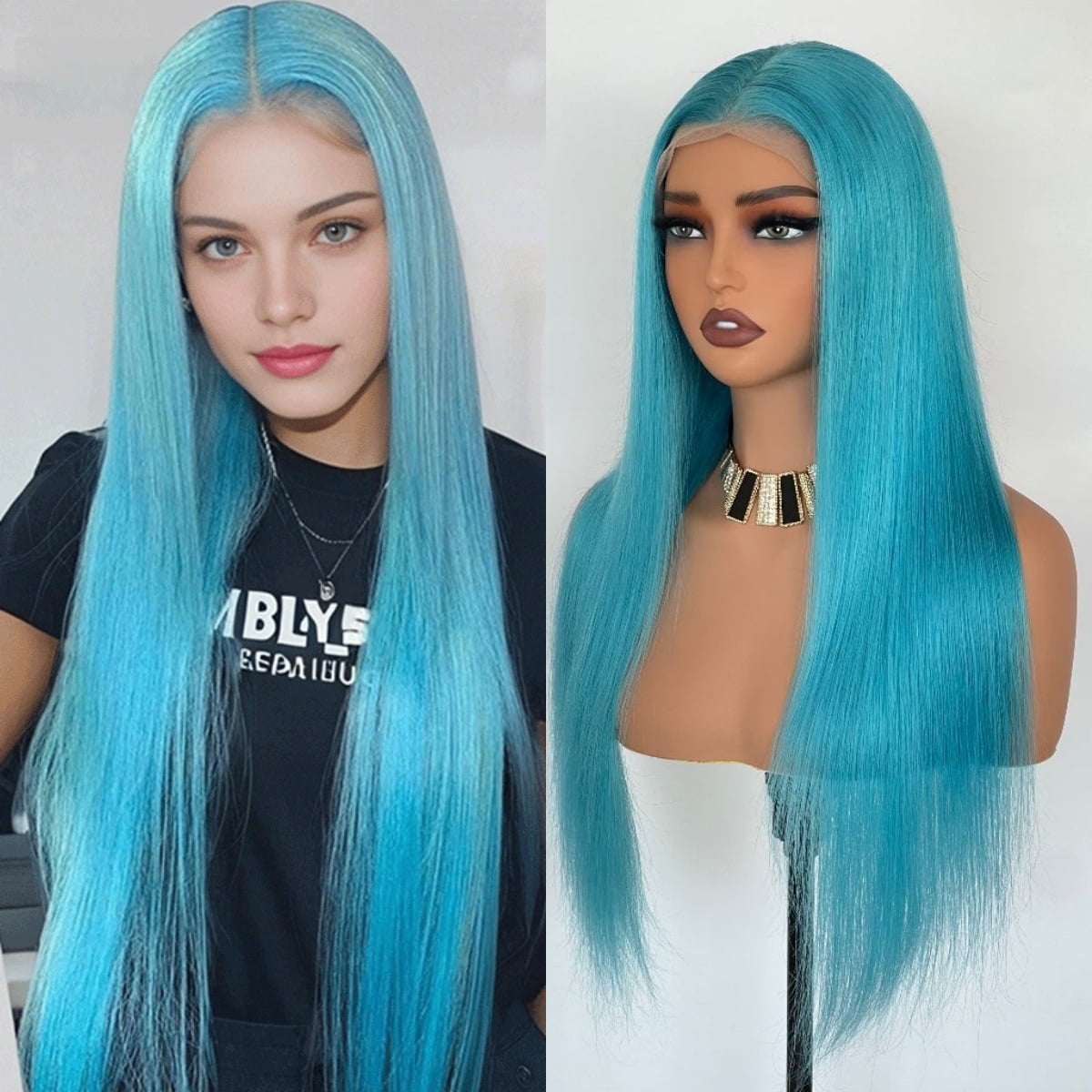 Light Blue Colored 13x4 Lace Front Wig Straight Brazilian Remy Human Hair Wigs Preplucked Natural Hairline High Density Elegant Hairstyle For Women Daily&Birthday&Wedding Use Wig 180 Density 24 Inch