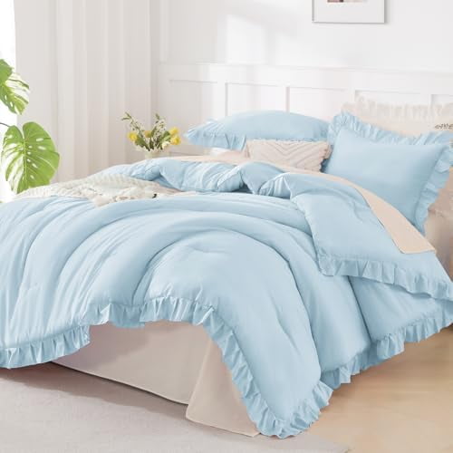 Light Blue Comforters Queen Size, 3 Pieces Solid Shabby Chic Farmhouse Bedding Comforters & Sets, Lightweight Fluffy All Season Soft Down Alternative Bed Set for Women Men