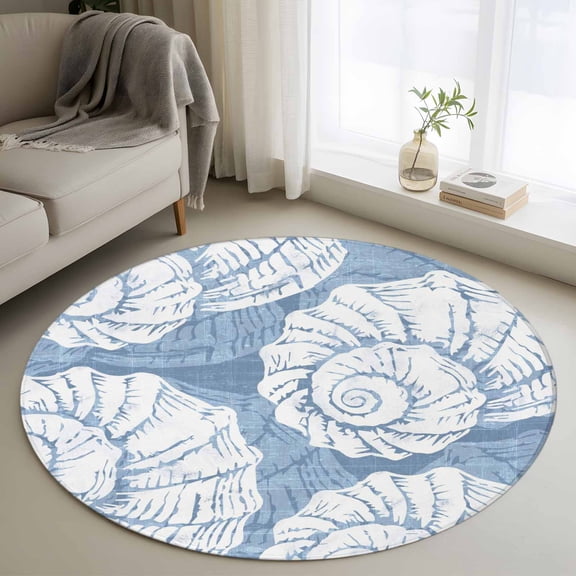 Light Blue Conch 3.3' Round Rug for Bedroom Reading Corner, Coastal Summer Ocean Beach Nautical Modern Washable Non Slip Circle Area Rug