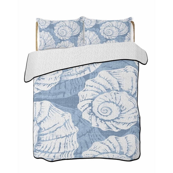 Light Blue Conch Quilts Bedding Set King Size Coastal Summer Ocean Beach Nautical Modern Lightweight Quilted Bedspread 3 Piece Bed Quilt with 2 Pillow Shams All Season for Bedroom 90" x 96"