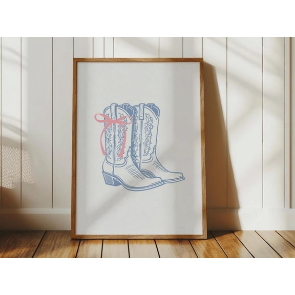 Light Blue Coquette Bow Cowboy Boot Wall Art Decor, Unframed Paper Print Size 8x12