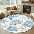 thumbnail image 1 of Light Blue Coral Coastal 8ft Round Rug, Summer Beach Starfish Shell Non-Skid Rubber Backing Large Area Rugs - Living Room Bedroom Home Office, Indoor Floor Mat Carpets Washable Rug, 1 of 9