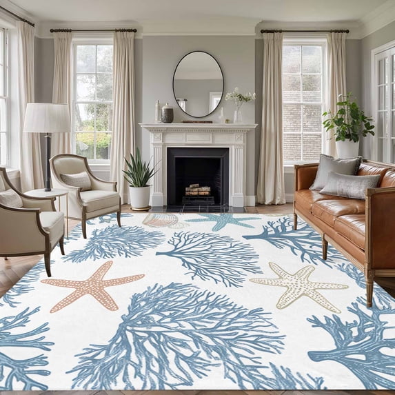 Light Blue Coral Coastal Area Rugs 6x9 for Living Room, Summer Beach Starfish Shell Non Slip Washable Rug Runner, Low Pile Indoor Floor Carpet Mat Bathroom Rugs for Bedroom, Kids Room