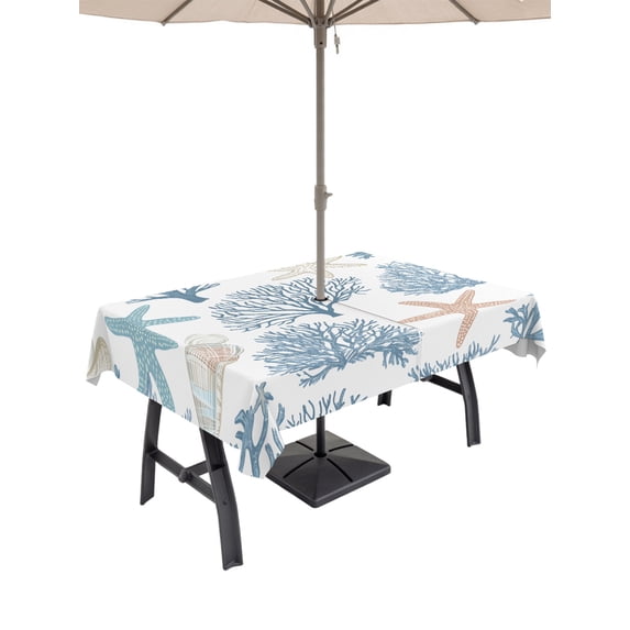 Light Blue Coral Coastal Outdoor Tablecloth with Umbrella Hole, Summer Beach Starfish Shell Spillproof Waterproof Outdoor Table Cover, Patio Tablecloths for Party Picnic Camping, Rectangle 52"x70"