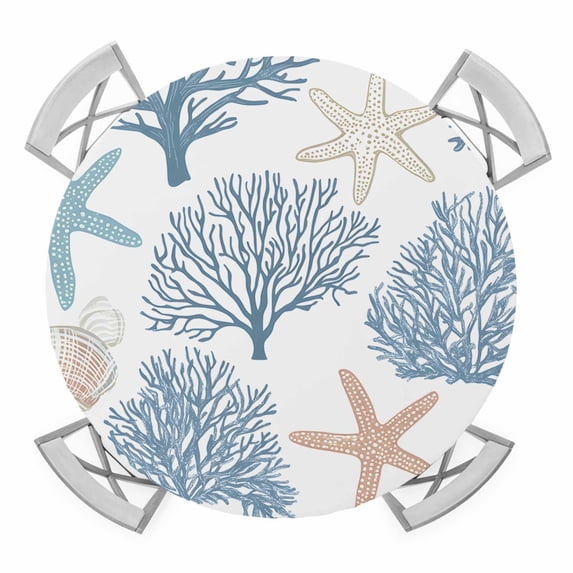 Light Blue Coral Coastal Round Fitted Tablecloth with Elastic Edge, Waterproof Table Cloth Table Cover for 45"-54" Tables, Summer Beach Starfish Shell Tablecloths for Dining Picnic Indoor Outdoor