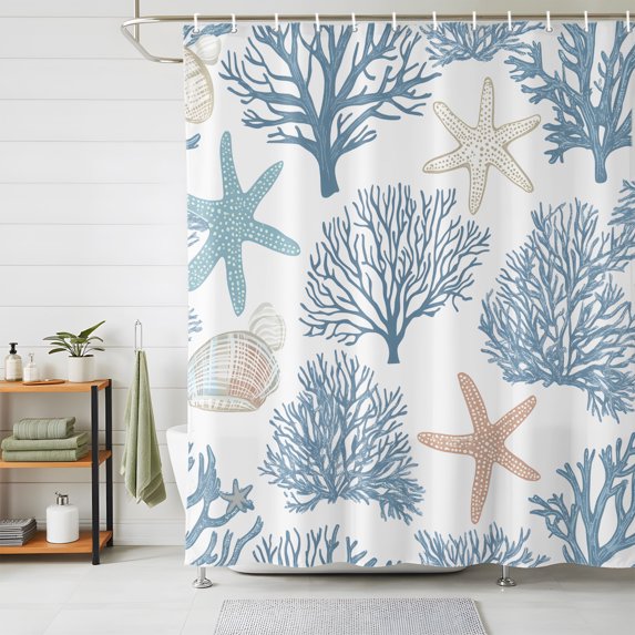 Light Blue Coral Coastal Shower Curtains for Bathroom, Summer Beach Starfish Shell Waterproof Fabric Shower Curtain, Decorative Bathroom Curtain for Bathtub, 72"x84" , No Hooks Included