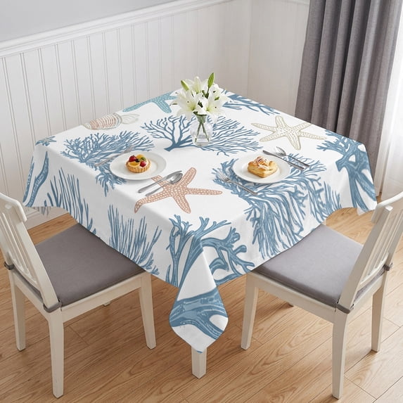 Light Blue Coral Coastal Table Cloth Waterproof Tablecloths, Summer Beach Starfish Shell Tablecloth Dining Table Cover for Kitchen Party Tabletop Outdoor, Square Tablecloth 54x54 Inch