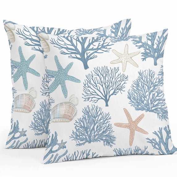 Light Blue Coral Coastal Throw Pillow Covers 16x16 Inch Set of 2, Summer Beach Starfish Shell Waterproof Outdoor Pillow Covers, Decorative Cushion Pillowcases for Couch, Sofa, Bed, Garden, Patio