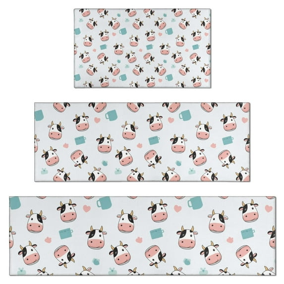 Light Blue Cow Coffee Pattern Kitchen Rugs Sets Of 3,Kitchen Runner Rugs Non Skid Washable,Decorative Kitchen Floor Mats for Kitchen,Sink,Laundry,17"x30"+ 17"x47" + 17"x59"