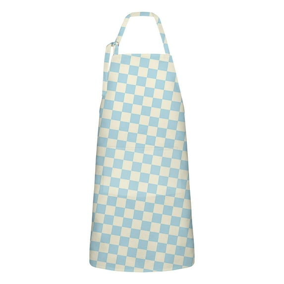 Light Blue and Cream Checkered Pattern Apron-Garden Aprons for Women with Pockets-Cotton Linen Waterproof Kitchen Cooking Gardening Aprons Adjustable for Kitchen,Cooking,BBQ and Salon 33x27 Inch