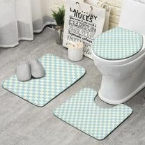 Light Blue and Cream Checkered Pattern Bathroom Rugs Sets 3 Piece,Toilet Cover Set,Absorbent Non Slip Bathroom Mats Sets with U-Shaped Contour Rug Toilet Rug Set