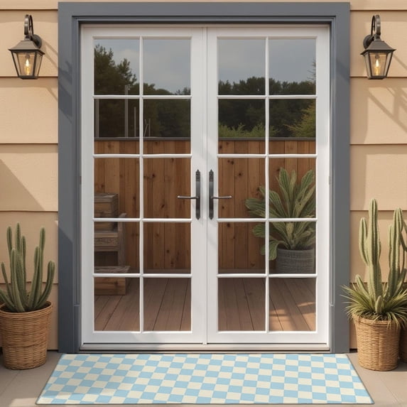 Light Blue and Cream Checkered Pattern Door Rugs,Washable Non Slip Door Mats Indoor,Decorative Door Mats,Entry Mat Indoor for Entrance,Bedroom,Kitchen,Bathroom,16"x47"