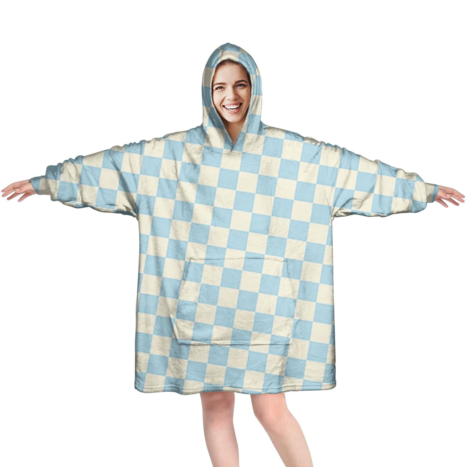 Light Blue and Cream Checkered Pattern Wearable Oversized Blanket,Wearable Blanket Hoodie for Adults,Cozy Hooded Blankets with Super Pockets,Super Warm Fuzzy Pullover for Women & Men