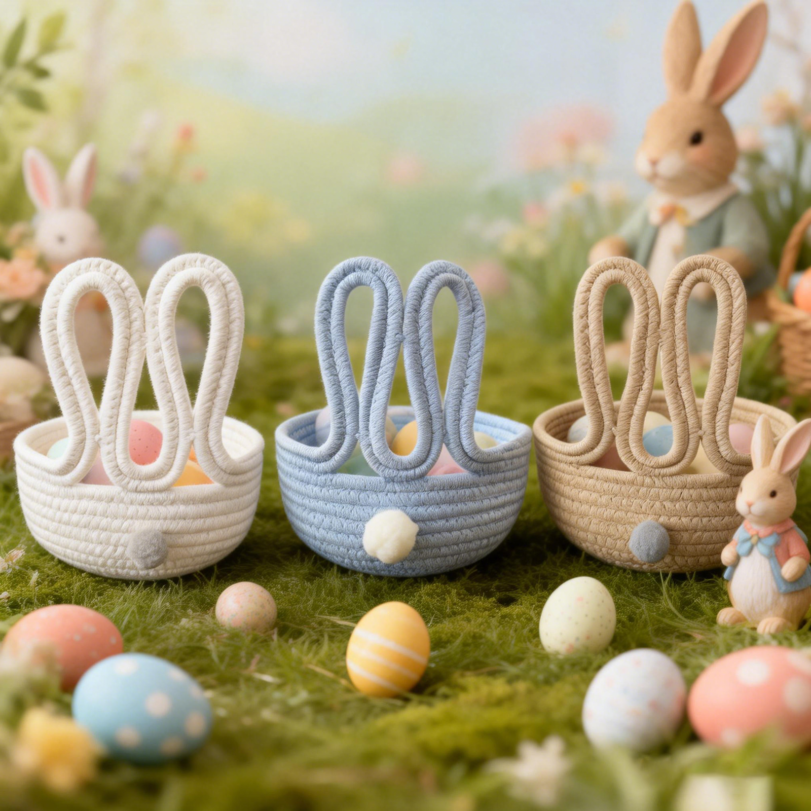 Light Blue Cute Cartoon Rabbit Cotton Rope Storage Basket - Woven ...