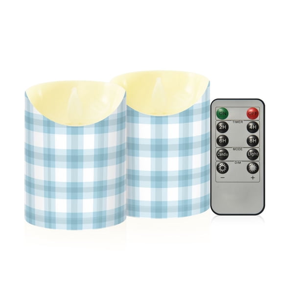 Light Blue Cute Plaids Pattern Flickering Flameless Candles with Remote Timer Battery Operated LED Tealight Set of 2 M