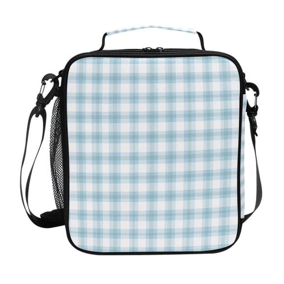 Light Blue Cute Plaids Pattern Insulated Lunch Bag Reusable Lunch Box Lunch Container with Straps