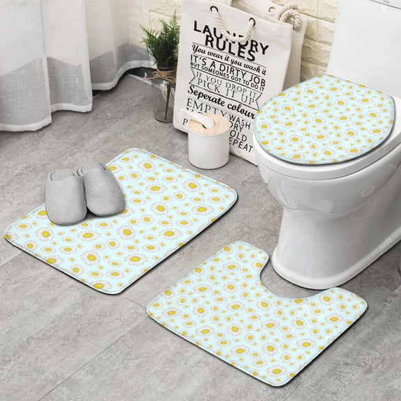 Light Blue Daisy Flower Pattern Bathroom Rugs Sets 3 Piece,Toilet Cover Set,Absorbent Non Slip Bathroom Mats Sets with U-Shaped Contour Rug Toilet Rug Set