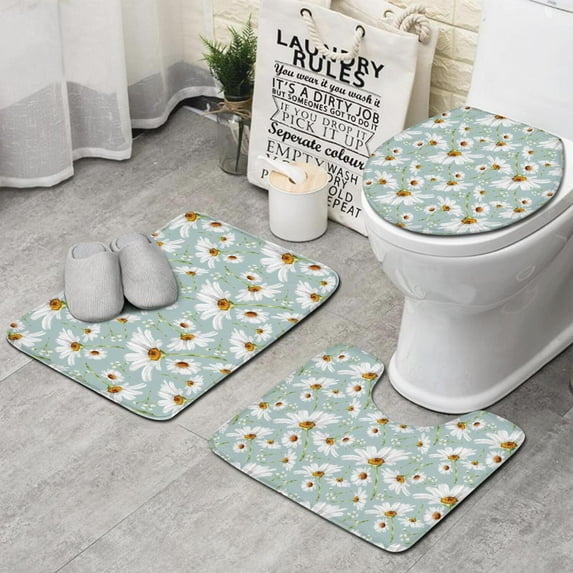 Light Blue Daisy Flower Pattern Bathroom Rugs Sets 3 Piece,Toilet Cover Set,Absorbent Non Slip Bathroom Mats Sets with U-Shaped Contour Rug Toilet Rug Set