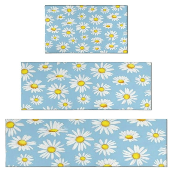 Light Blue Daisy Flower Pattern Kitchen Rugs Sets Of 3,Kitchen Runner Rugs Non Skid Washable,Decorative Kitchen Floor Mats for Kitchen,Sink,Laundry,17"x30"+ 17"x47" + 17"x59"