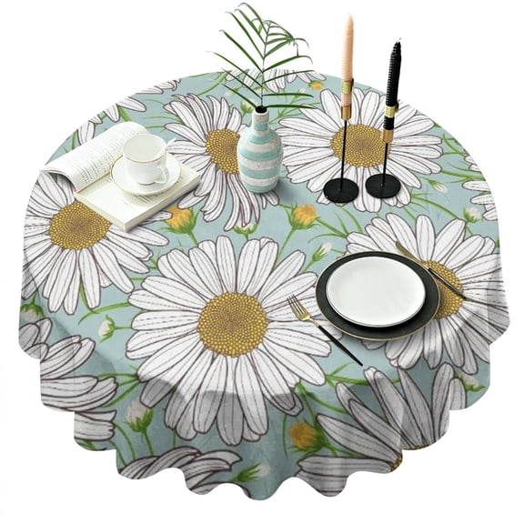 Light Blue Daisy Flower Pattern Round Tablecloth 60"x60",Wrinkle Wipeable Table Cloth for Kitchen Dining Room Picnic Patio Party
