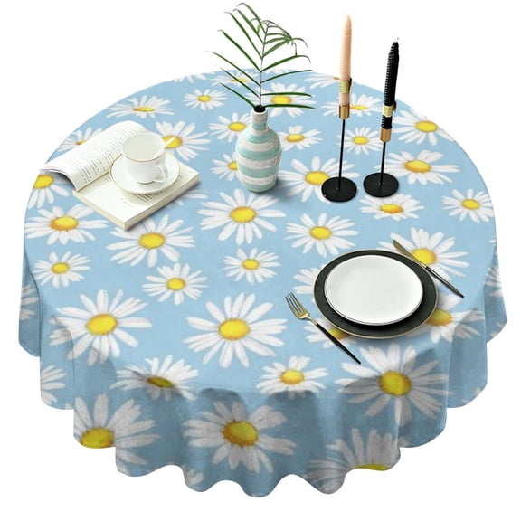 Light Blue Daisy Flower Pattern Round Tablecloth 60"x60",Wrinkle Wipeable Table Cloth for Kitchen Dining Room Picnic Patio Party