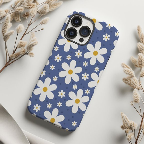 Light Blue Daisy Phone Case with Retro White Floral Pattern 17 11 12 13 14 15 16 Pro Max