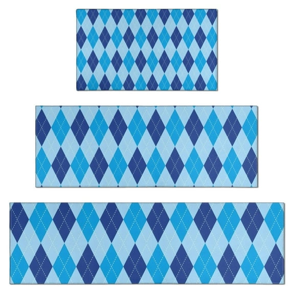 Light Blue and Dark Blue Argyle Pattern Kitchen Rugs Sets Of 3,Kitchen Runner Rugs Non Skid Washable,Decorative Kitchen Floor Mats for Kitchen,Sink,Laundry,17"x30"+ 17"x47" + 17"x59"