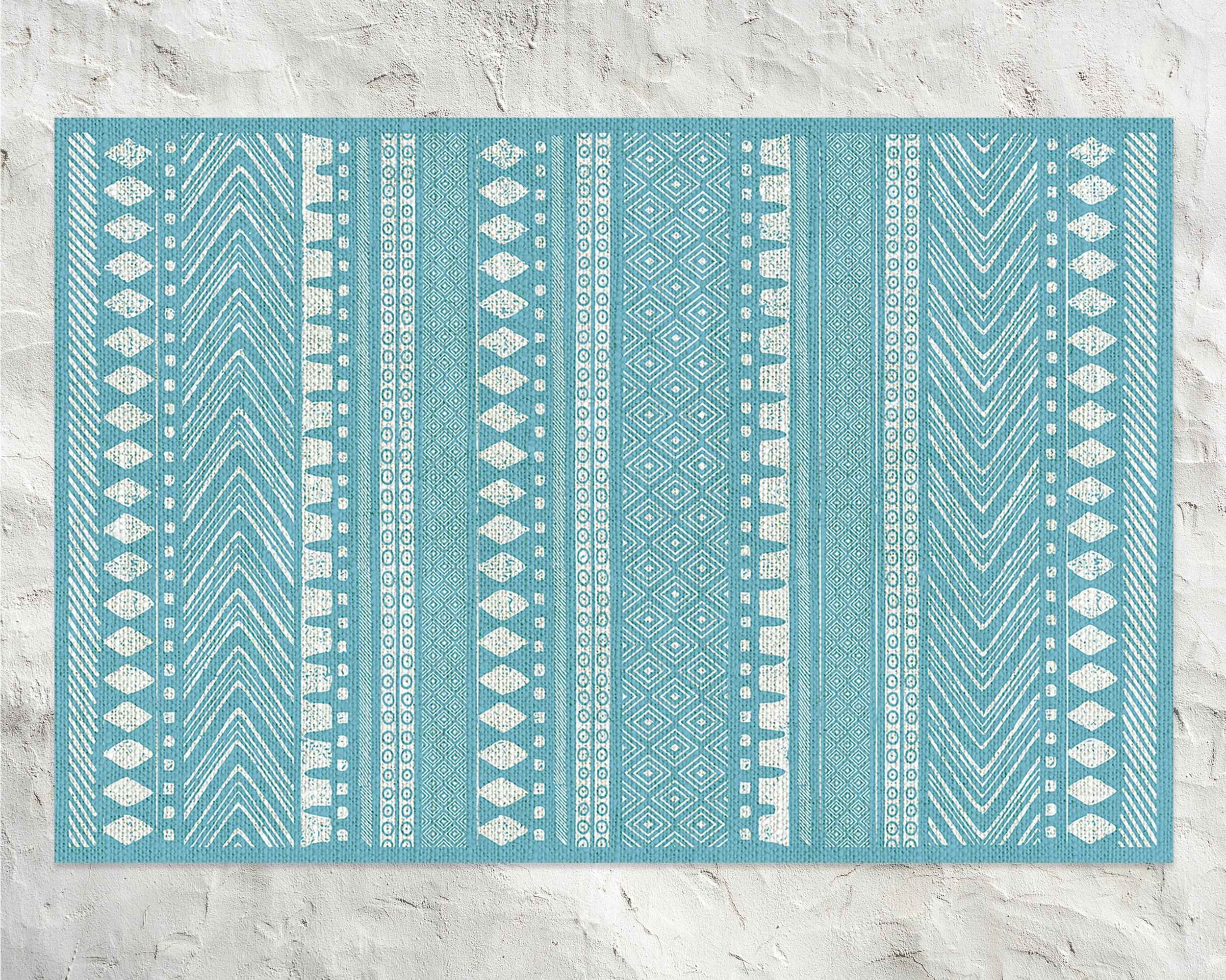 Light Blue Decorative Rug, Aztect Mat, Blue and White Floor Mat, Linoleum Mat, Kitchen Decor