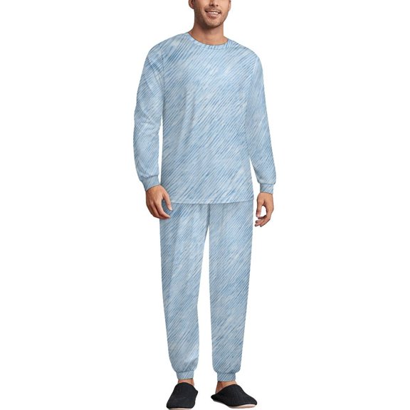 Light Blue Denim Pattern Texture Men's Pajama Set Sleepwear Pjs Lightweight Long Sleeve Crewneck Shirts and Bottoms Soft Comfy Sleep Sets 2XL