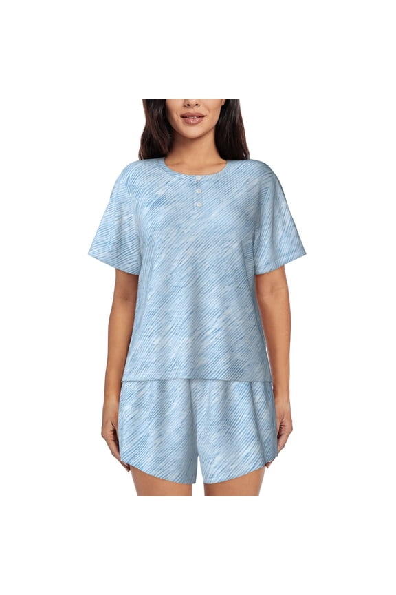 Light Blue Denim Pattern Texture Womens Pajamas Short Set Soft Short Sleeve Sleepwear Button Down Pjs Set with Pockets S XXL Medium