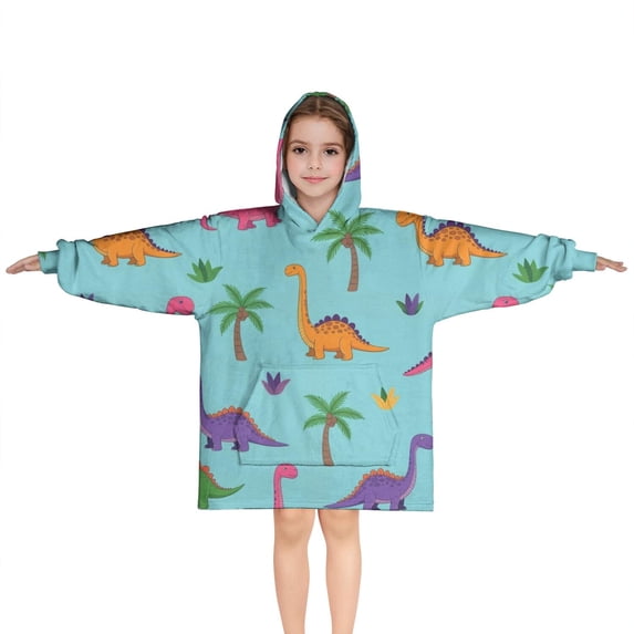 Light Blue Dinosaur Palm Pattern Blanket Hoodies for Kids 6-13YR Oversize Wearable Blanket Hoodies for Boys Girls Teens