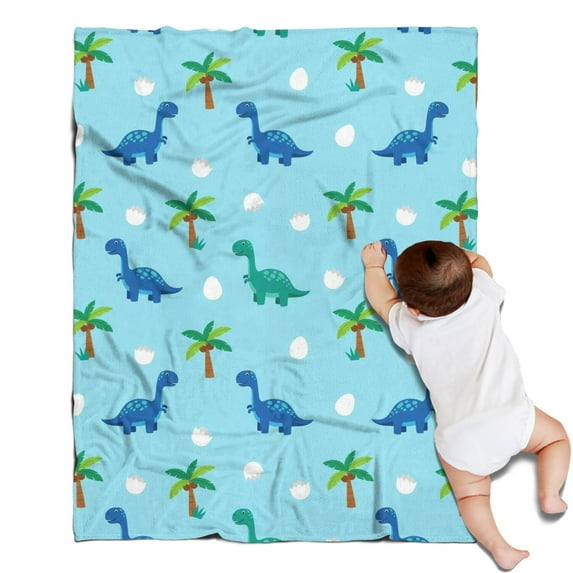 Light Blue Dinosaurs Palms Eggs Pattern Blanket,Comfortable Soft Flannel Throw Blanket,All Season,Warm Lightweight Blankets for Sofa Bed Couch Living Room Chair,30"x40"