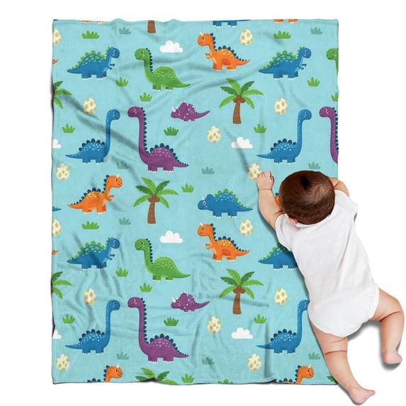 Light Blue Dinosaurs Palms Eggs Pattern Blanket,Comfortable Soft Flannel Throw Blanket,All Season,Warm Lightweight Blankets for Sofa Bed Couch Living Room Chair,30"x40"