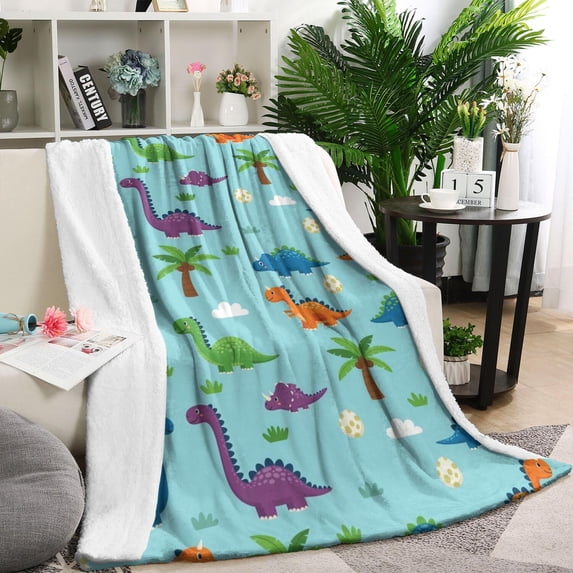Light Blue Dinosaurs Palms Eggs Pattern Blanket,Comfortable Soft Lamb Wool Throw Blanket,All Season,Warm Lightweight Blankets for Sofa Bed Couch Living Room Chair,40"x50"