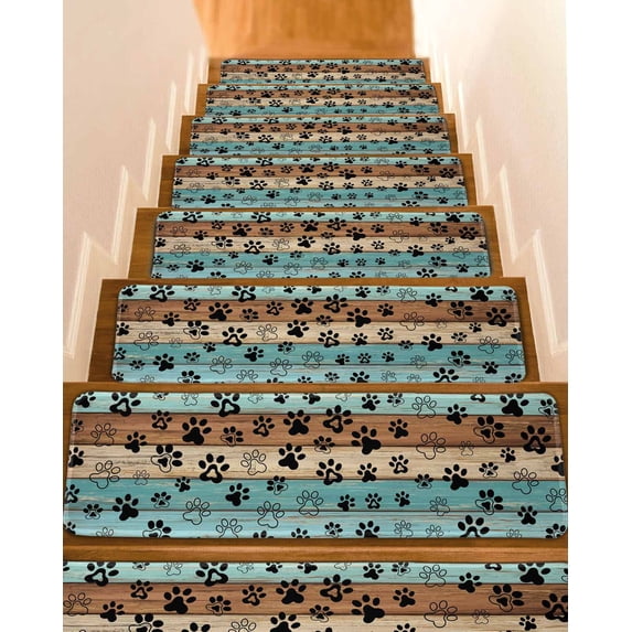 Light Blue Dog Paws Stair Treads Non Slip Indoor for Wooden Steps, Farmhouse Vintage Modern Blue Brown Wood 10 Pcs Stair Mats for Elders Dogs, 8 x 30 Inch Carpet Treads Runner Rugs for Staircase