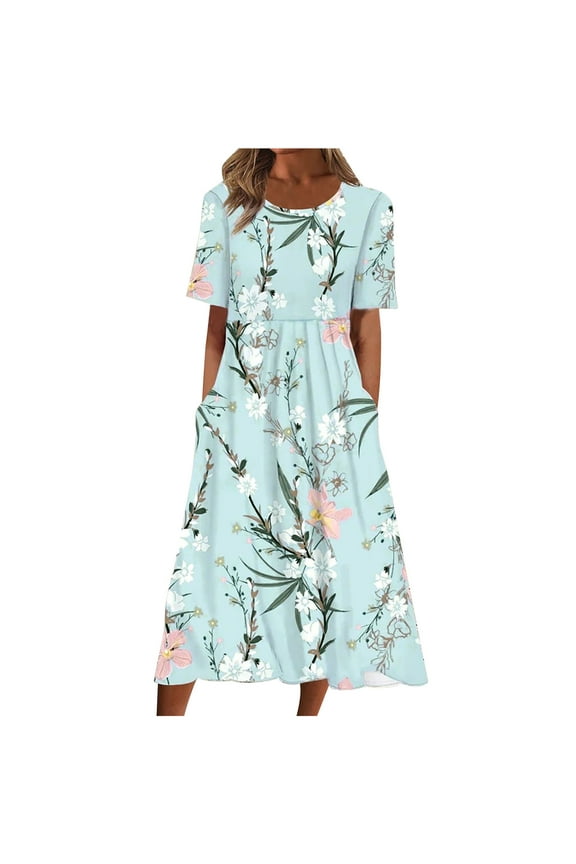 Light Blue Dresses for Women Short Sleeve Printing Floral Pattern Holiday Dress Round Neck Fit And Flare Trendy Vacation Casual Dress Midi Fashion Daily A-Line Blouse Pleated Dress with Pocket,XXL