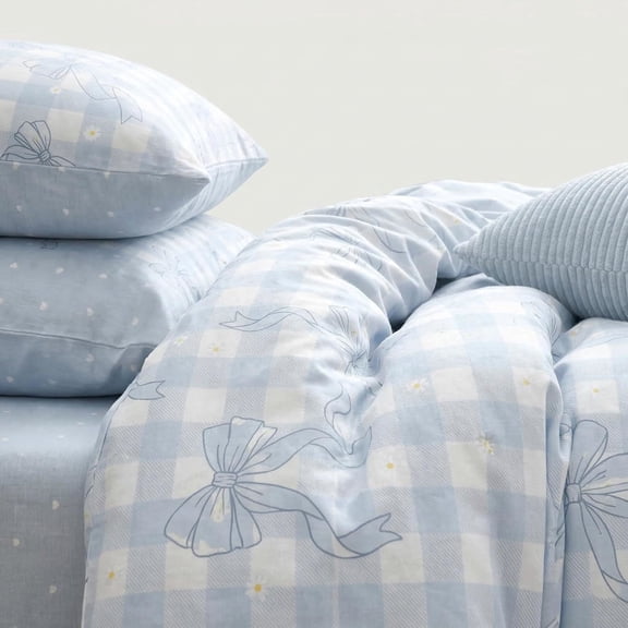 Light Blue Duvet Cover Bow Decor Bedding with Sweet Heart Pattern Soft Plaid Quilt Cover for Bedroom Decoration Queen Size