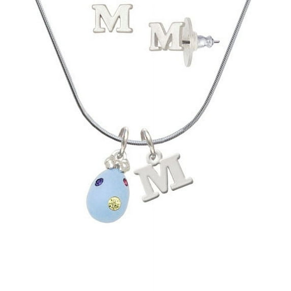 Light Blue Easter Egg with Multicolored Crystal Dots - M Initial Charm Necklace and Stud Earrings Jewelry Set