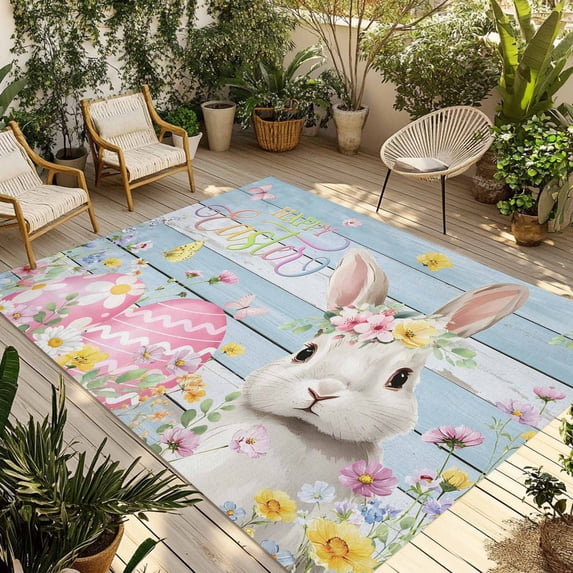 Light Blue Easter Outdoor Rug for Patio/Deck/Porch, Non-Slip Large Area Rug 5 x 7 Ft, Spring Easter Bunny Eggs Floral Wooden Indoor Outdoor Rugs Washable Area Rugs, Camping Rug Carpet Runner